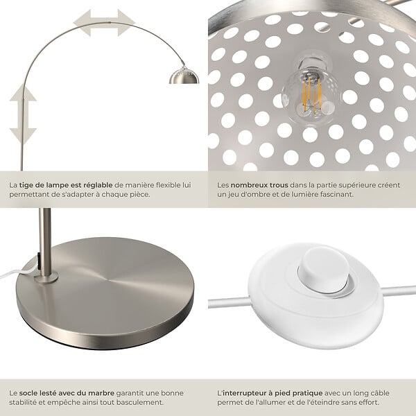 TECTAKE - Lampe sur pied ARCUS en acier style rétro, 60W Nickel mat - large
