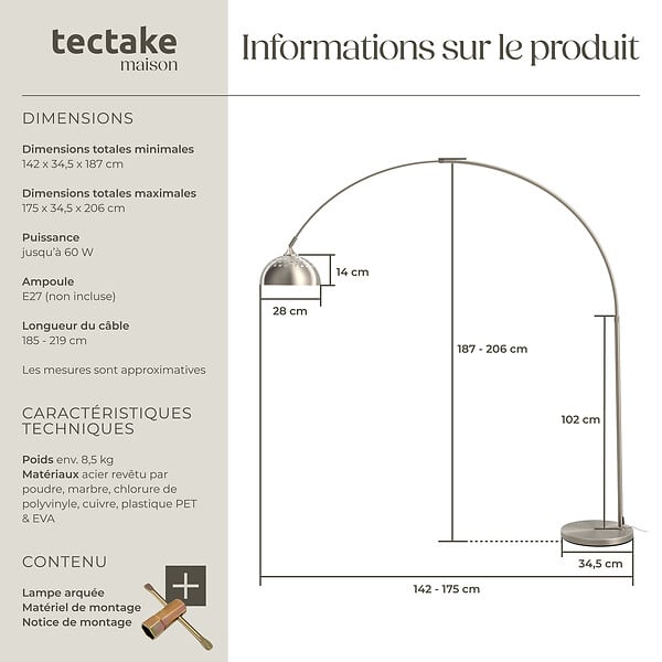 TECTAKE - Lampe sur pied ARCUS en acier style rétro, 60W Nickel mat - large