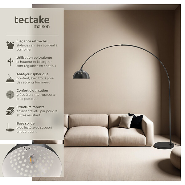 TECTAKE - Lampe sur pied ARCUS en acier style rétro, 60W noir - large