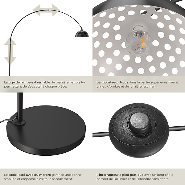 TECTAKE - Lampe sur pied ARCUS en acier style rétro, 60W noir - large