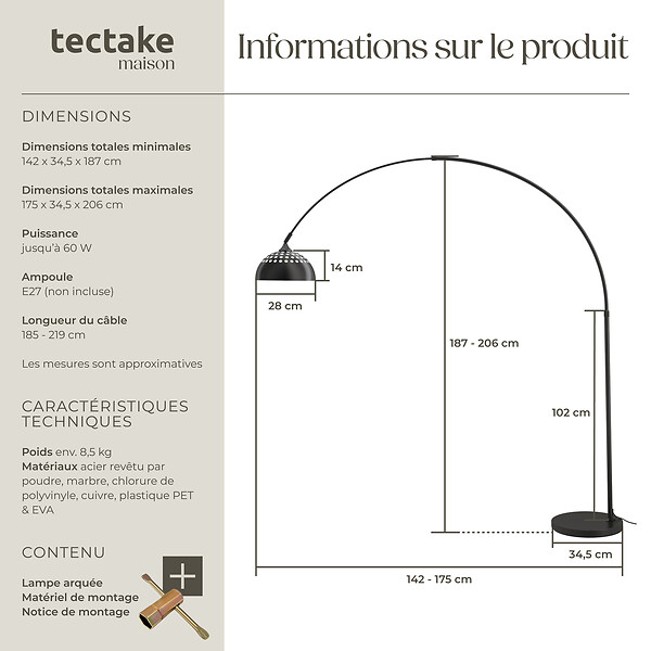 TECTAKE - Lampe sur pied ARCUS en acier style rétro, 60W noir - large