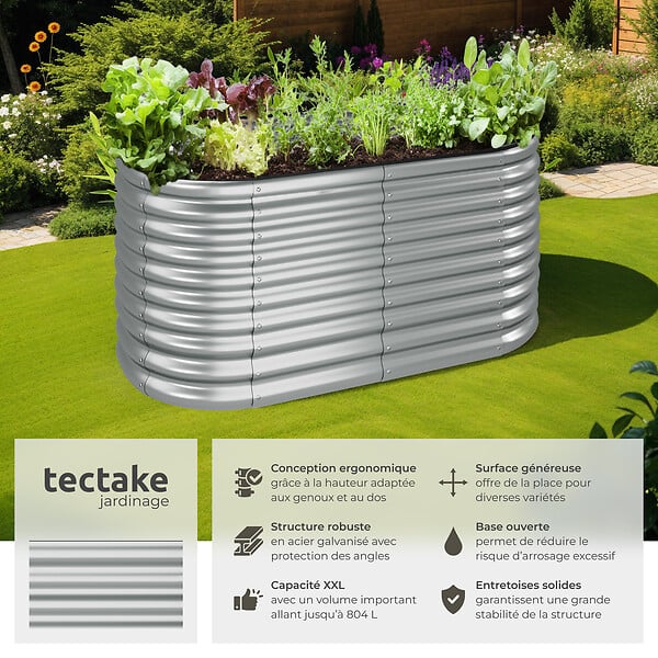 TECTAKE - Carré potager au volume généreux structure en acier galvanisé argent 160 x 80 x 80 cm protection des bords montage rapide - large