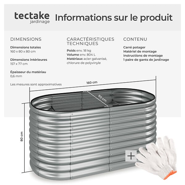 TECTAKE - Carré potager au volume généreux structure en acier galvanisé argent 160 x 80 x 80 cm protection des bords montage rapide - large