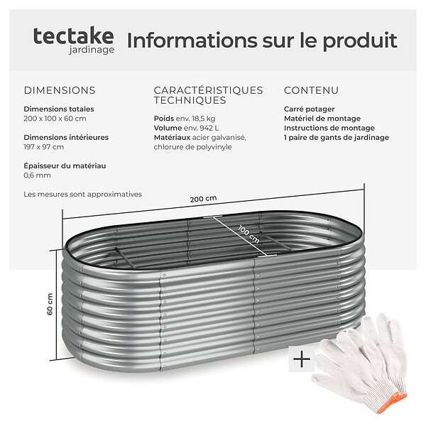 TECTAKE - Carré potager FLORMMA 200x100x60 cm argent - large
