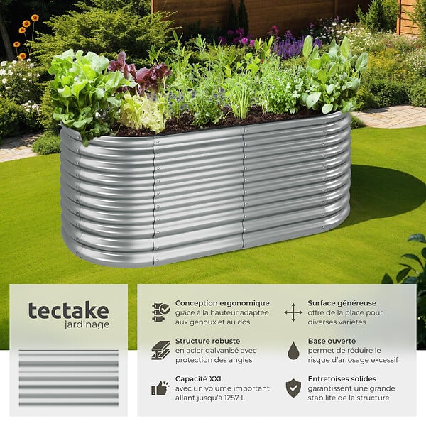TECTAKE - Carré potager 200 x 100 x 80 cm au volume généreux galvanisé résistant aux intempéries argent y compris les gants - large