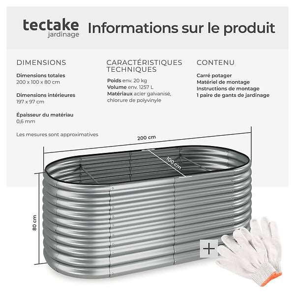 TECTAKE - Carré potager 200 x 100 x 80 cm au volume généreux galvanisé résistant aux intempéries argent y compris les gants - large