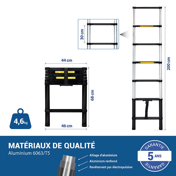 HOSTRÃ–M - Echelle telescopique 2m TELESCOO7, Aluminium, Pliable, Extensible, Hauteur de travail max 2,9m, Standart EN131, Garantie 5 ans, Hostrom - large