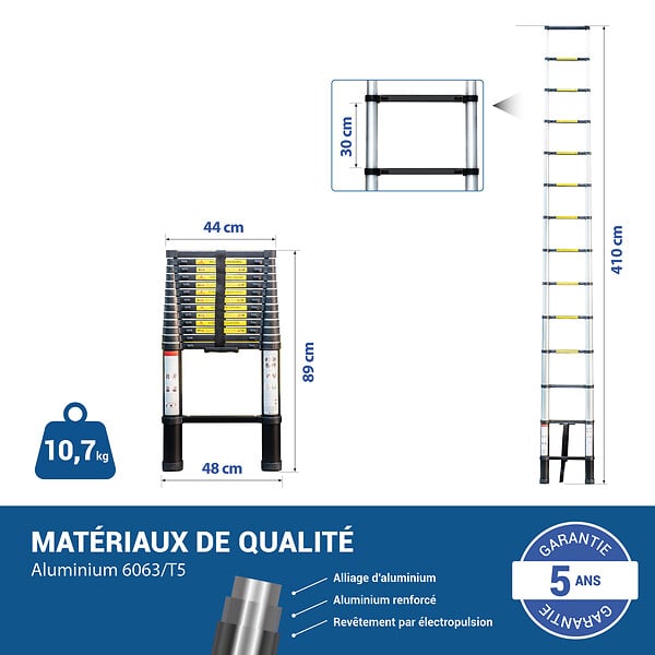HOSTRÃ–M - Echelle telescopique 4,1m TELESCOO14, Aluminium, Pliable, Extensible, Hauteur de travail max 5m, Standart EN131, Garantie 5 ans, Hostrom - large