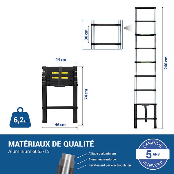 HOSTRÃ–M - Echelle telescopique 2,6m TELESCOO9, Aluminium, Pliable, Extensible, Hauteur de travail max 3,5m, Standart EN131, Garantie 5 ans, Hostrom - large