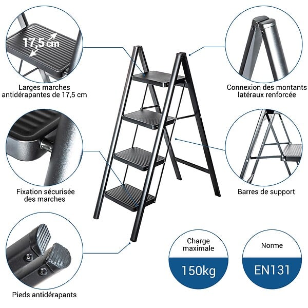 HOSTRÃ–M - Escabeau 4 marches FOLDPACT4, Marche pied pliable, Design ultra-compact, Marches larges 17,5 cm, Acier, Etagère temporaire, Garantie 5 ans, Hostrom - large