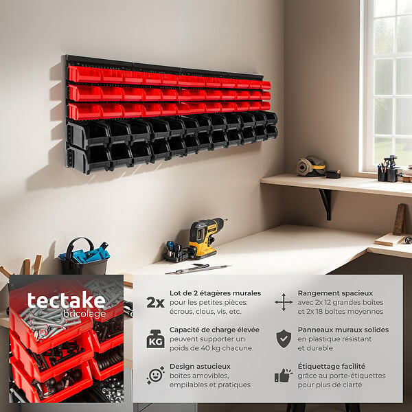 TECTAKE - Etagère murale avec 30 bacs de rangement noir - large
