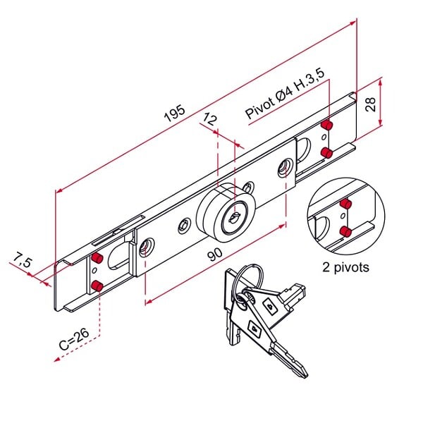 TIRARD - Serrure AA40 acier zingué cylindre rond longueur 12mm 2 pivots - TIRARD - AA114004 - large