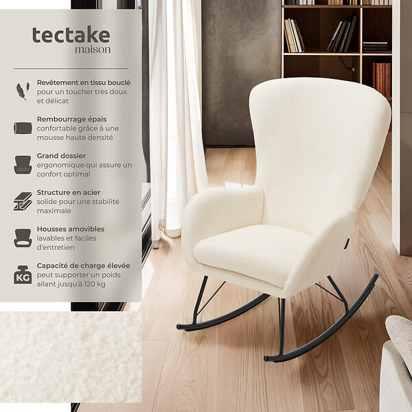 TECTAKE - Fauteuil à bascule SWING avec patins en acier et rembourrage épais crème/noir - large