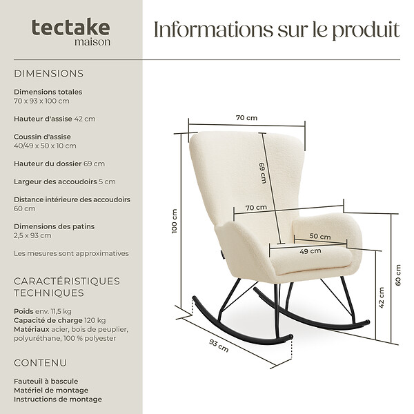TECTAKE - Fauteuil à bascule SWING avec patins en acier et rembourrage épais crème/noir - large