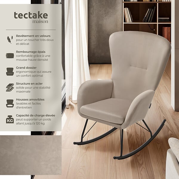 TECTAKE - Fauteuil à bascule SWING avec patins en acier et rembourrage épais noir/taupe - large