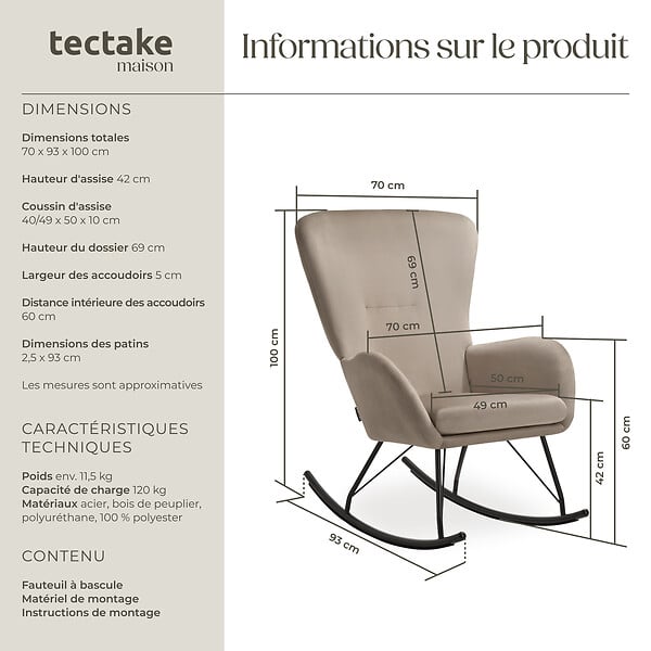 TECTAKE - Fauteuil à bascule SWING avec patins en acier et rembourrage épais noir/taupe - large
