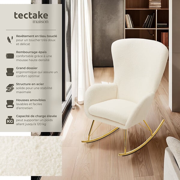 TECTAKE - Fauteuil à bascule SWING avec patins en acier et rembourrage épais crème/or - large