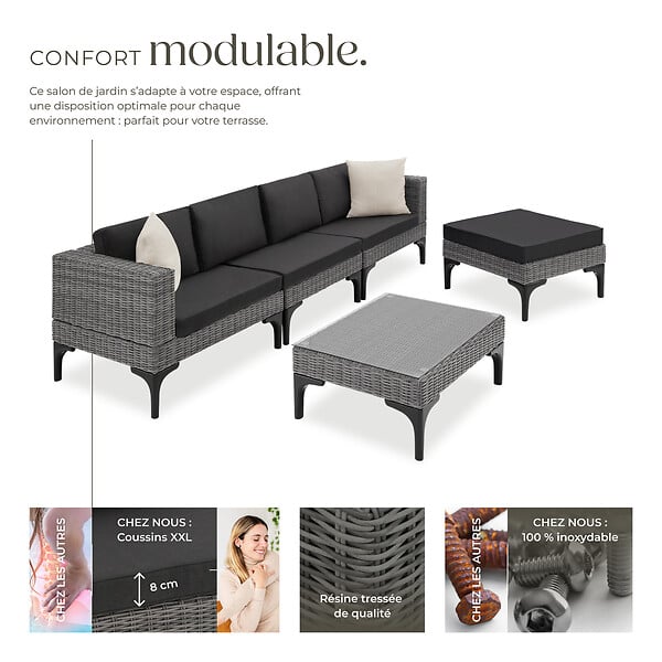 TECTAKE - Salon en rotin avec cadre en aluminium Konstanza gris - large