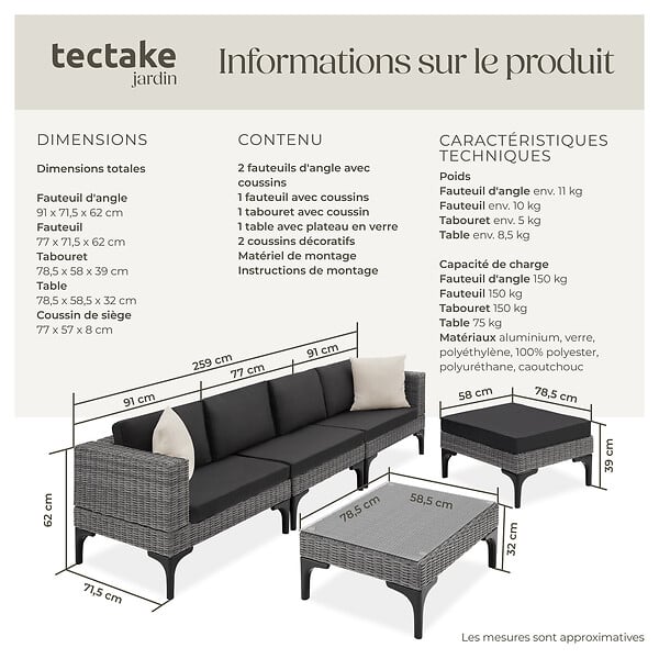 TECTAKE - Salon en rotin avec cadre en aluminium Konstanza gris - large