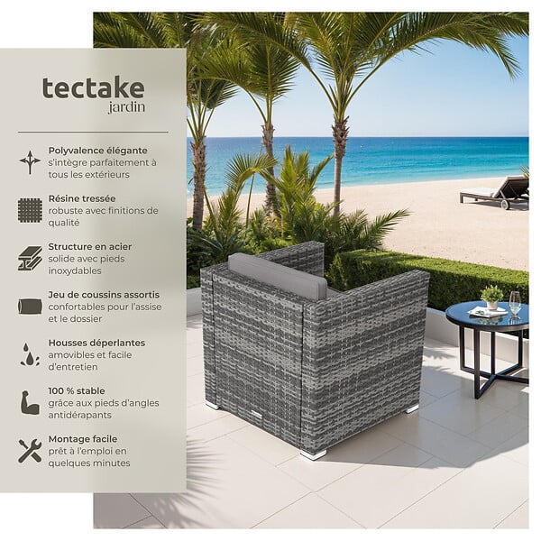 TECTAKE - Fauteuil en rotin Lignano gris - large