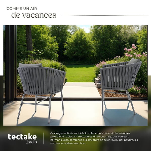 TECTAKE - Ensemble de chaises VALEIRAS effet corde tressée gris foncé/gris foncé - large