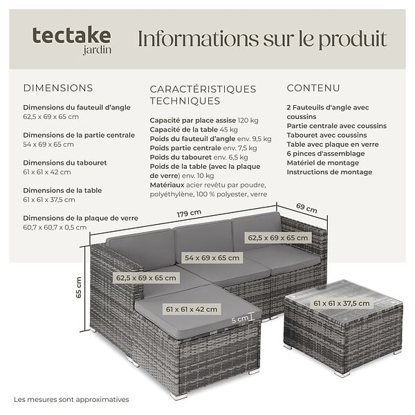 TECTAKE - Salon en rotin Lignano gris - large