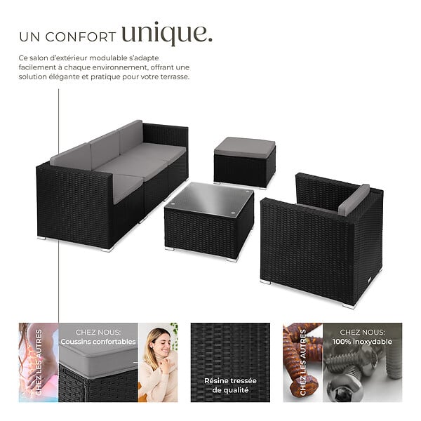 TECTAKE - Salon en rotin Lignano avec fauteuil noir - large