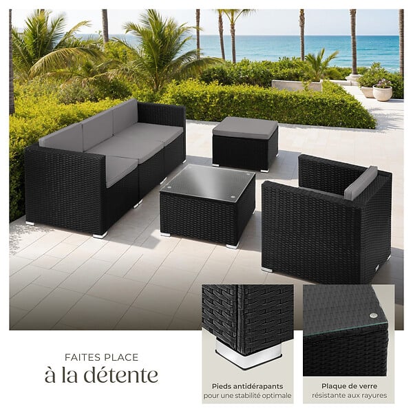TECTAKE - Salon en rotin Lignano avec fauteuil noir - large