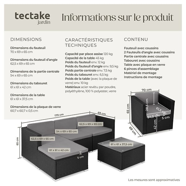 TECTAKE - Salon en rotin Lignano avec fauteuil noir - large