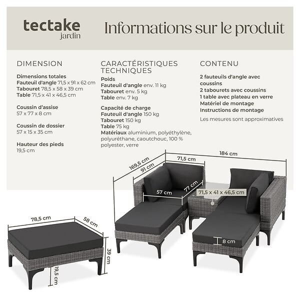 TECTAKE - Salon en rotin avec structure en aluminium Bellaria gris - large