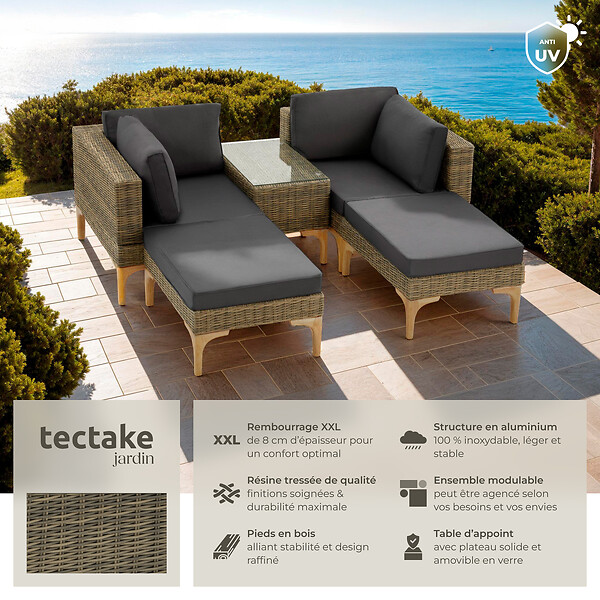 TECTAKE - Salon en rotin avec structure en aluminium Bellaria marron naturel - large