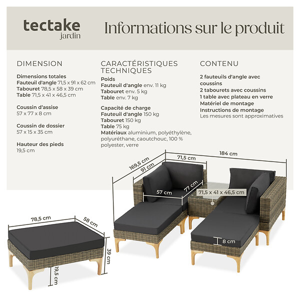 TECTAKE - Salon en rotin avec structure en aluminium Bellaria marron naturel - large