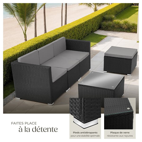 TECTAKE - Salon en rotin Lignano noir - large