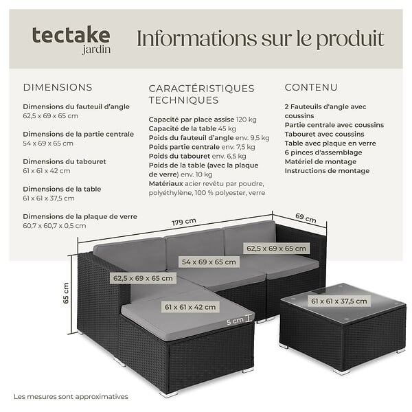 TECTAKE - Salon en rotin Lignano noir - large