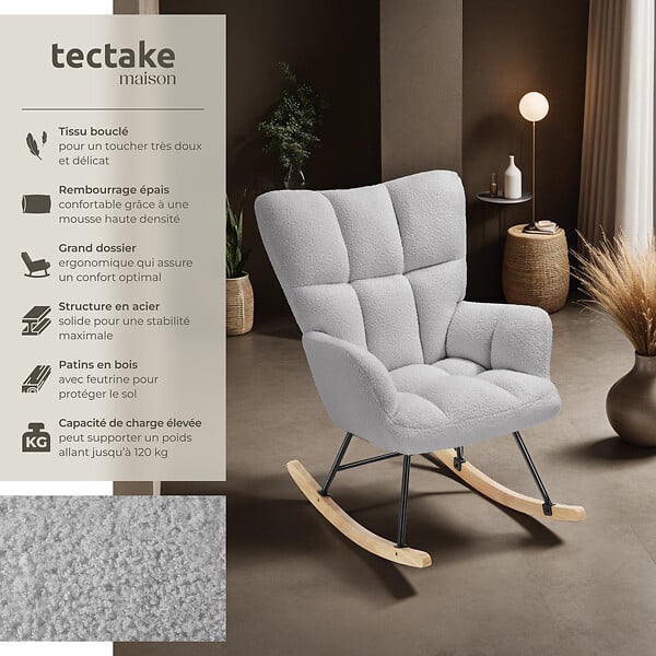 TECTAKE - Fauteuil à bascule TORVE rembourré Bouclé gris clair - large