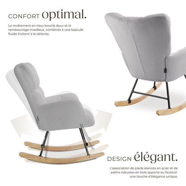 TECTAKE - Fauteuil à bascule TORVE rembourré Bouclé gris clair - large