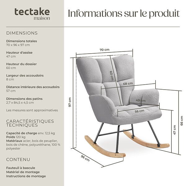 TECTAKE - Fauteuil à bascule TORVE rembourré Bouclé gris clair - large