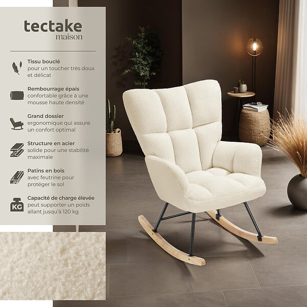 TECTAKE - Fauteuil à bascule TORVE rembourré Bouclé beige - large