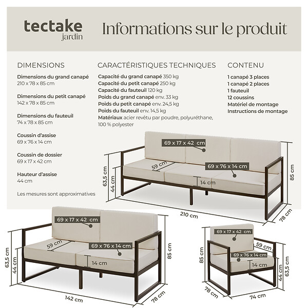 TECTAKE - Salon de jardin COMOSA pour 6 personnes marron/beige - large
