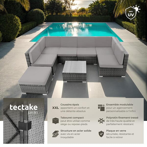 TECTAKE - Canapé jardin en résine tressée gris 7 places modulable coussins déperlants table avec verre - large