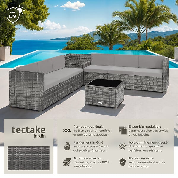 TECTAKE - Salon de jardin rotin en résine modulaire 6 places avec table verre coussins gris - large
