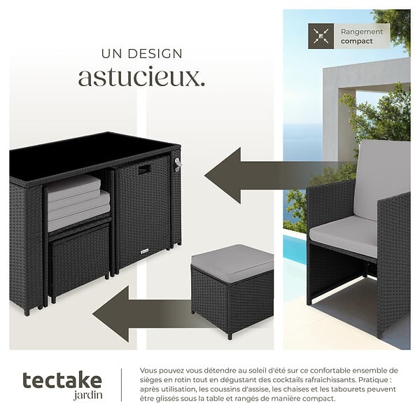 TECTAKE - Salon de jardin en résine tressée PALERME 4 places noir/gris - large