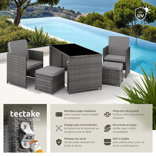 TECTAKE - Salon de jardin résistant UV 4 places en acier poly rotin gris ensemble mobilier extérieur - large