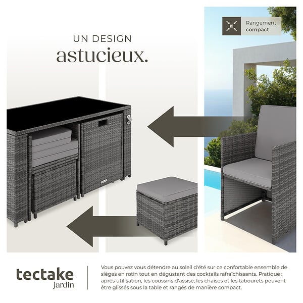 TECTAKE - Salon de jardin résistant UV 4 places en acier poly rotin gris ensemble mobilier extérieur - large