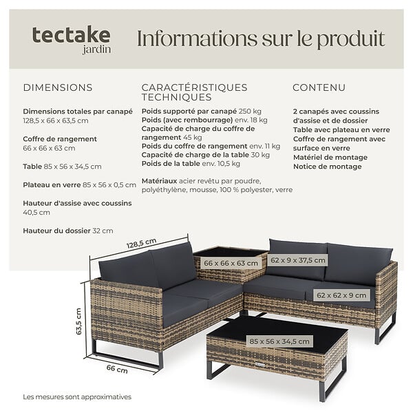 TECTAKE - Canapé jardin 2 places en résine tressée marron naturel solide tressage acier confortable design - large
