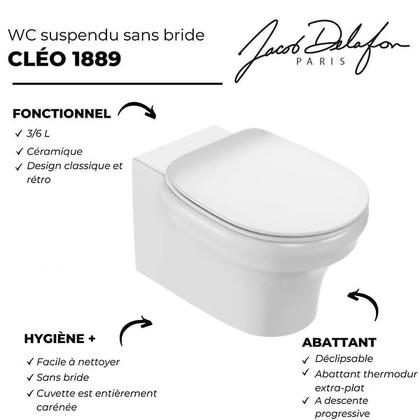 JACOB DELAFON - Cuvette WC suspendu sans bride Cléo 1889 avec abattant frein de chute extra-plat déclipsable - large