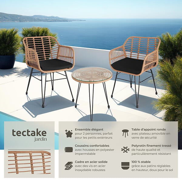 TECTAKE - Salon de jardin en rotin résistant UV table en verre marron naturel pour terrasses petit repas - large