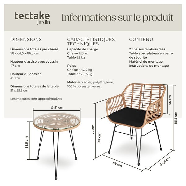 TECTAKE - Salon de jardin en rotin résistant UV table en verre marron naturel pour terrasses petit repas - large