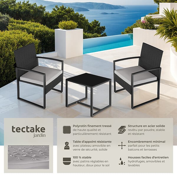 TECTAKE - Ensemble de salon de jardin en rotin Granada avec table pour 2 personnes Noir gris clair/noir - large
