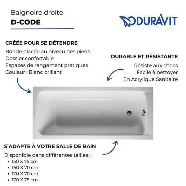 DURAVIT - Baignoire acrylique D-Code Duravit - Rectangulaire - 1700 x 750mm - Sur pieds - A encastrer - Blanc - large